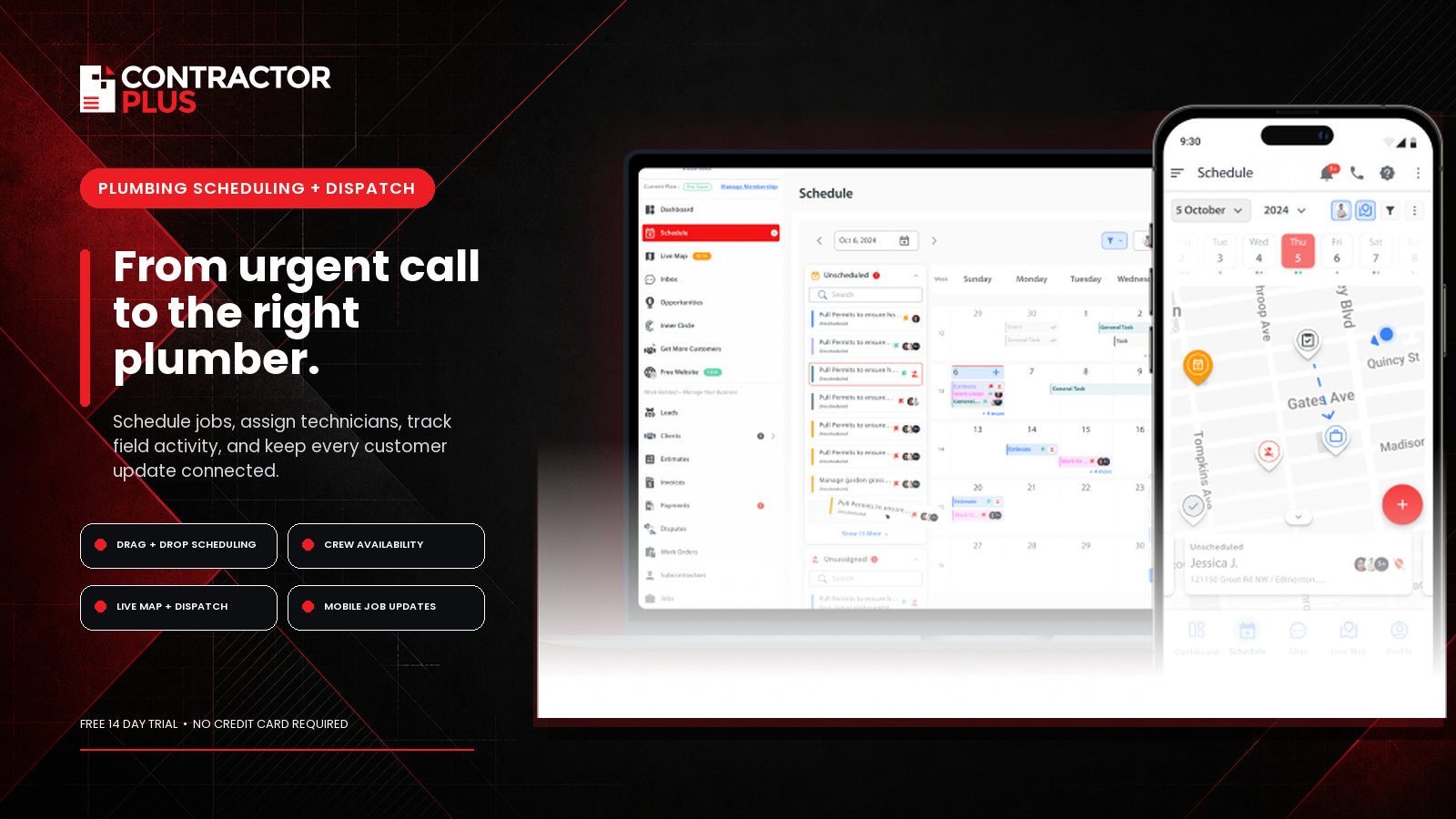 Contractor+ plumbing scheduling software — dispatch dashboard and mobile app