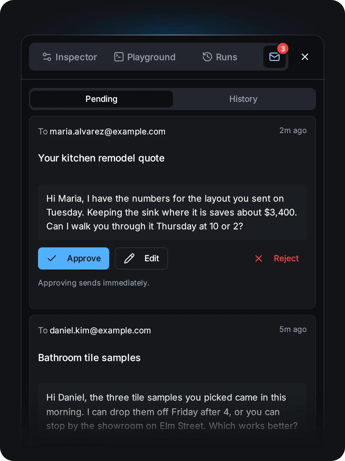Sample Lead Follow-Up workflow in the builder, and its approval queue where follow-up drafts wait for you.
