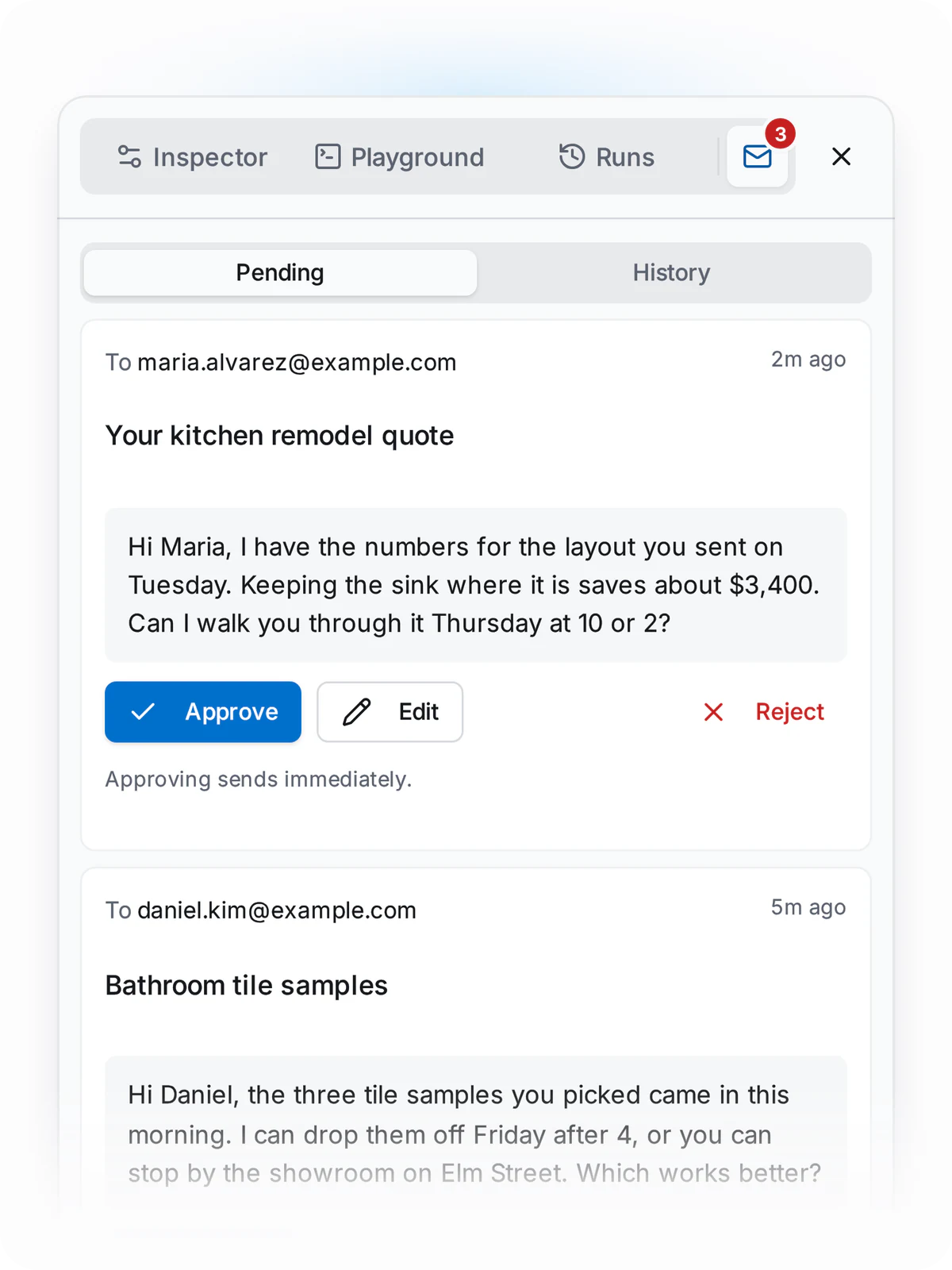 Sample Lead Follow-Up workflow in the builder, and its approval queue where follow-up drafts wait for you.